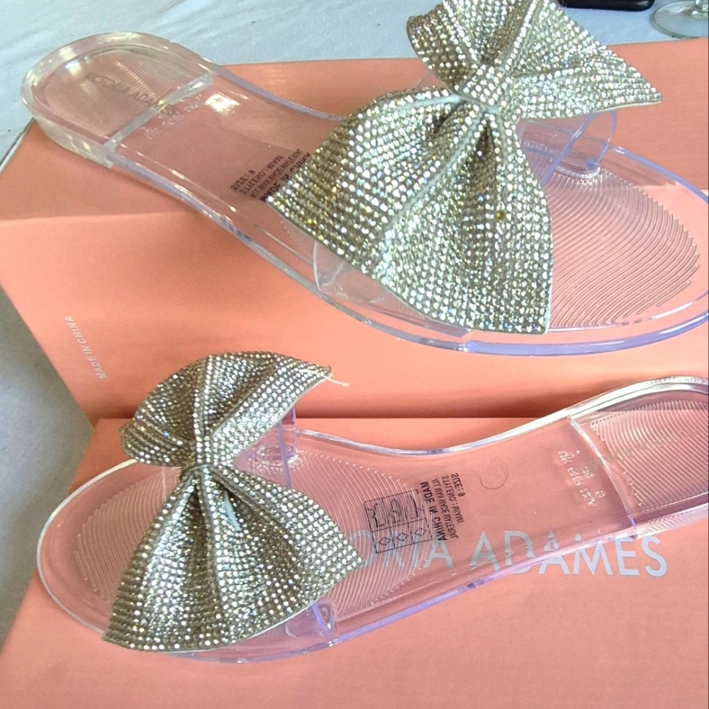 Victoria Adames Rhinestone bow clear sandals. Size 9. New